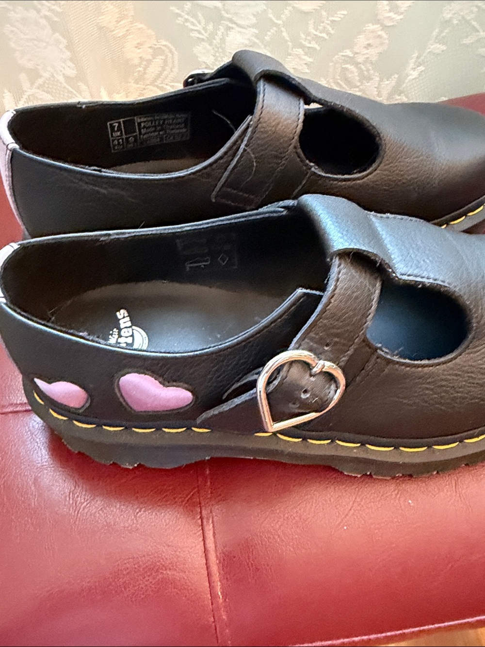 Dr. Martens Black Mary Jane Shoes with Yellow Stitching and Pink Heart Accent - Picture 7 of 8